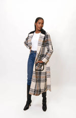 Load image into Gallery viewer, Kels Rib Trim Patch Pocket Midi Wrap Coat in Blk/Wht Plaid
