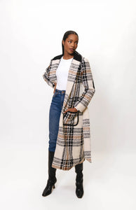 Kels Rib Trim Patch Pocket Midi Wrap Coat in Blk/Wht Plaid