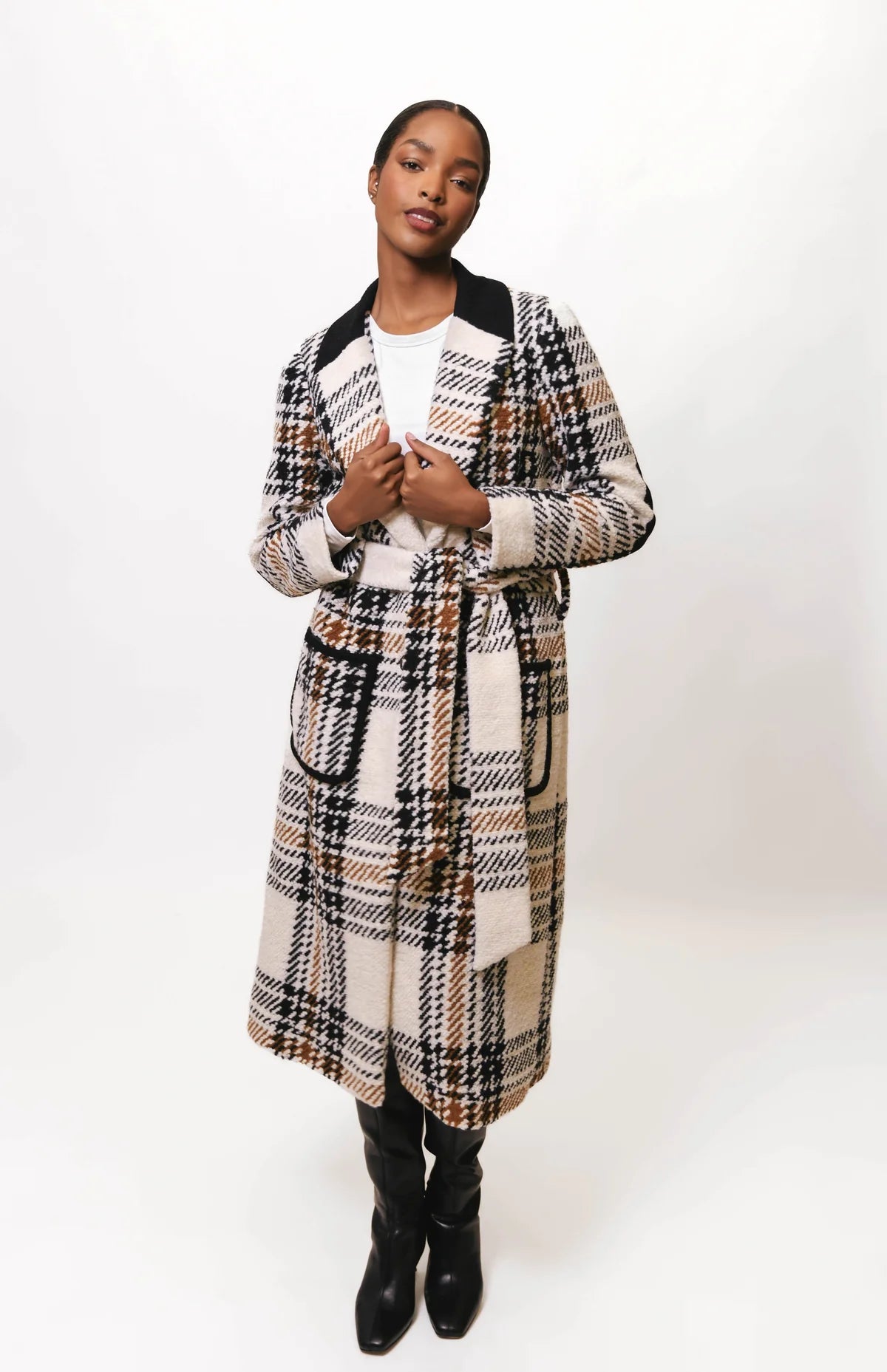 Kels Rib Trim Patch Pocket Midi Wrap Coat in Blk/Wht Plaid