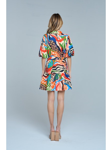 Printed Bubble Sleeve Mini Dress in Red Multi