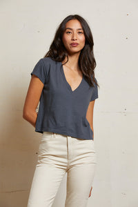 Alanis Recycled Cotton V-Neck Tee in Night