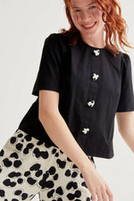 Load image into Gallery viewer, Short Sleeve Cotton Top with Heart Buttons in Black
