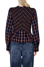 Load image into Gallery viewer, Plaid Smocked Long Sleeve Top in Navy/Brown Multi
