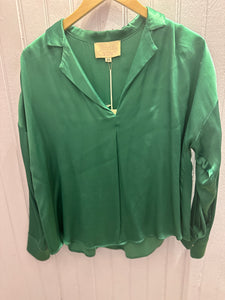 V-Neck Collar Satin Blouse in Kelly Green