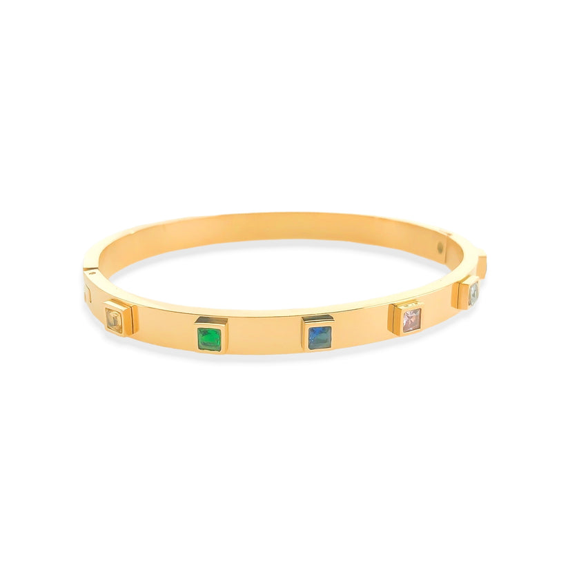 Gold Plated Square Bezzled Multicolor CZ Bangle