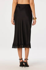 Load image into Gallery viewer, Blossom Satin Lace-Trim Midi Skirt in Black
