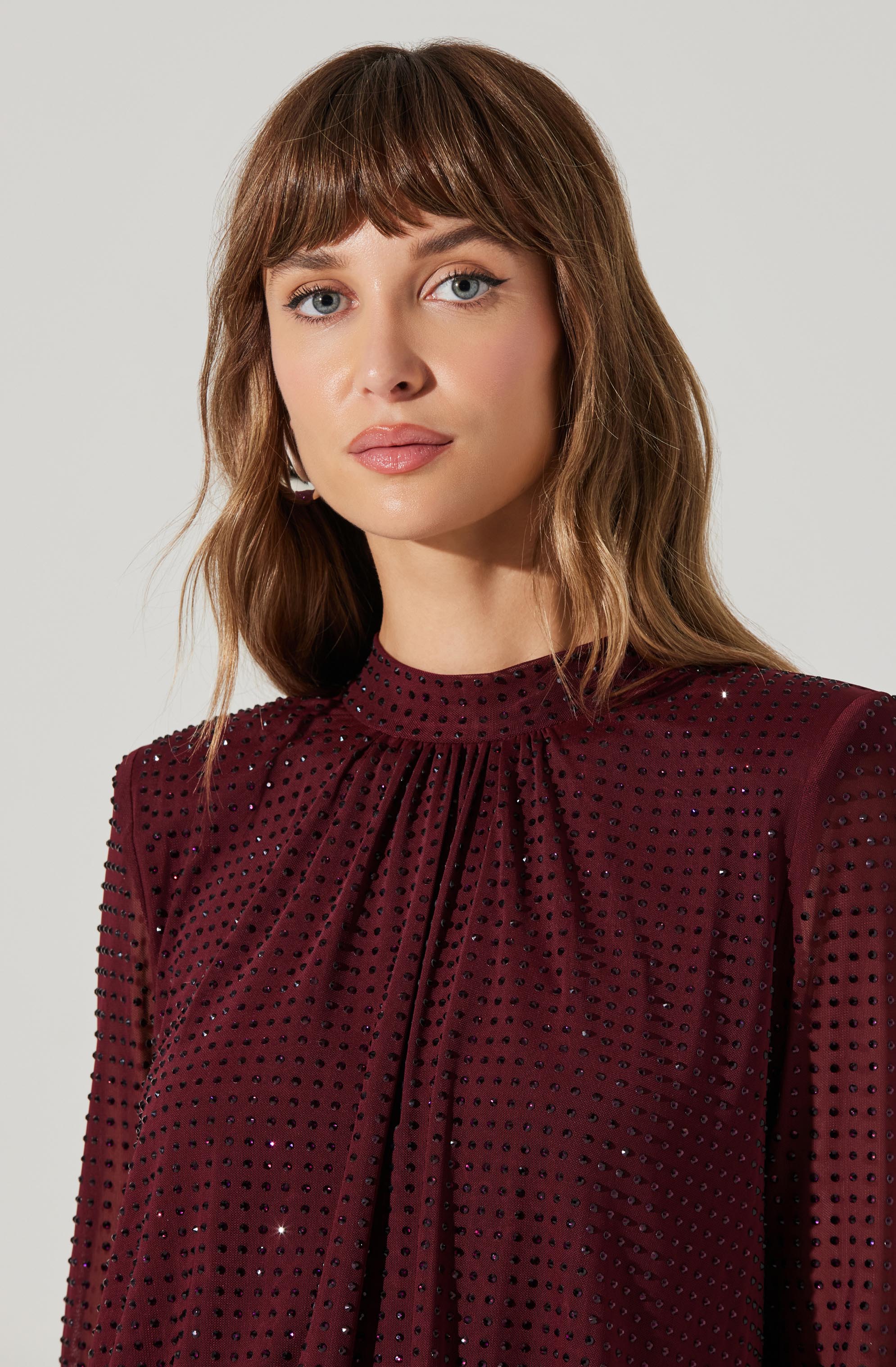 Balsa Mock Neck Rhinestone Top in Wine