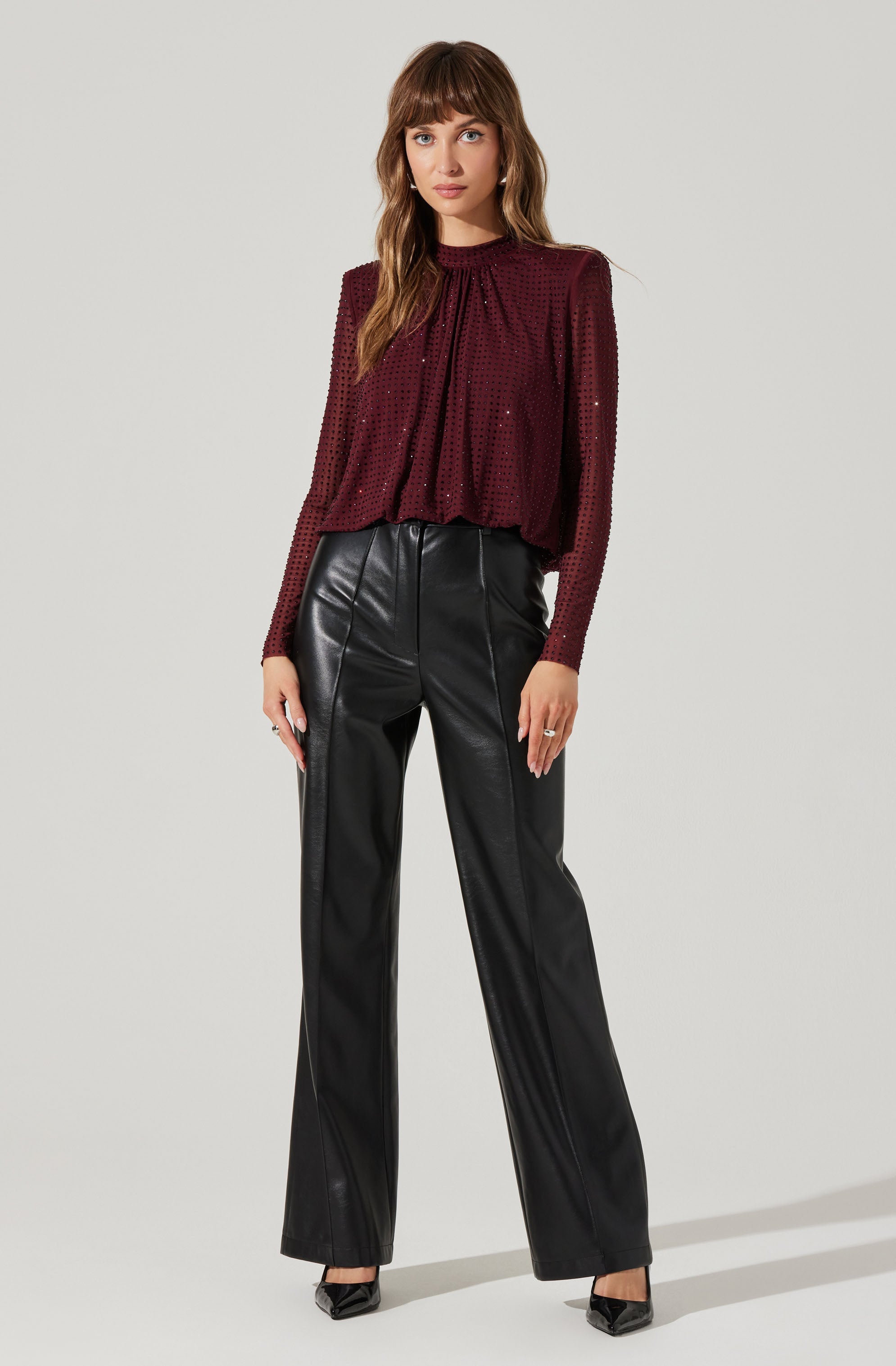 Balsa Mock Neck Rhinestone Top in Wine