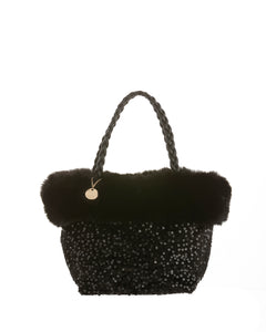 Sequin Purse with Faux Fur Trim in Black