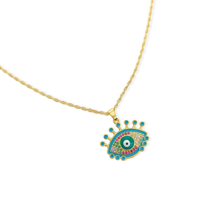 Enamel & CZ Eye Necklace in Gold