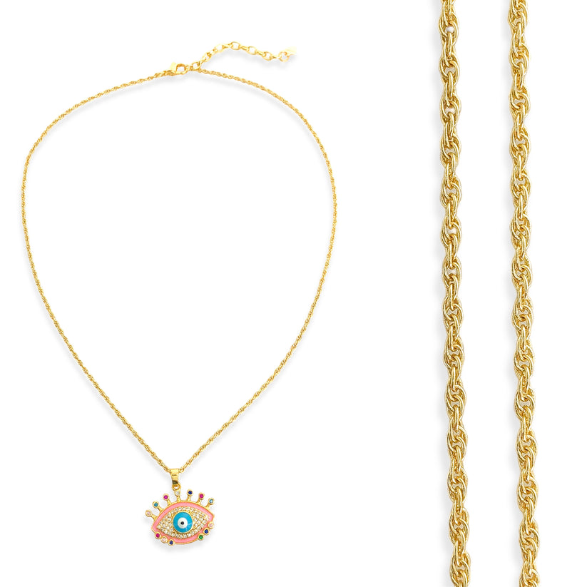 Enamel & CZ Eye Necklace in Gold/Pink