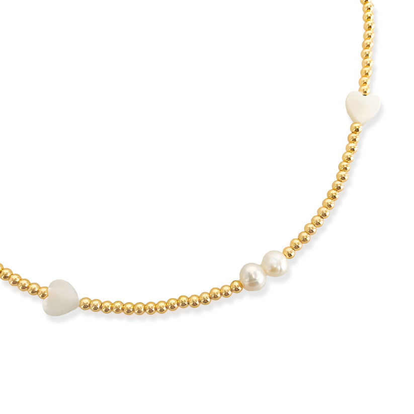 Gold Plated Beaded Mother of Pearl Heart & Pearl Necklace