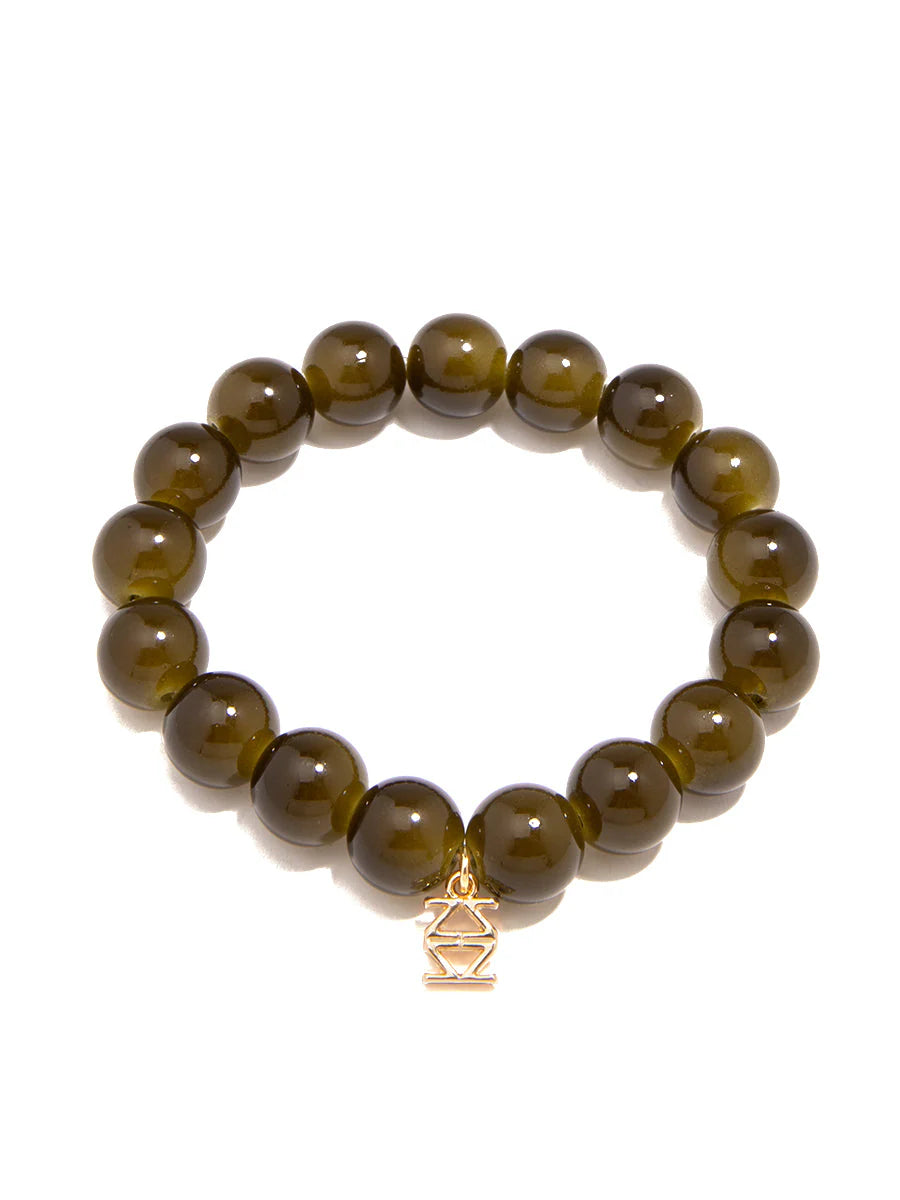 Glossy Glass Bead Stretch Bracelet in Olive