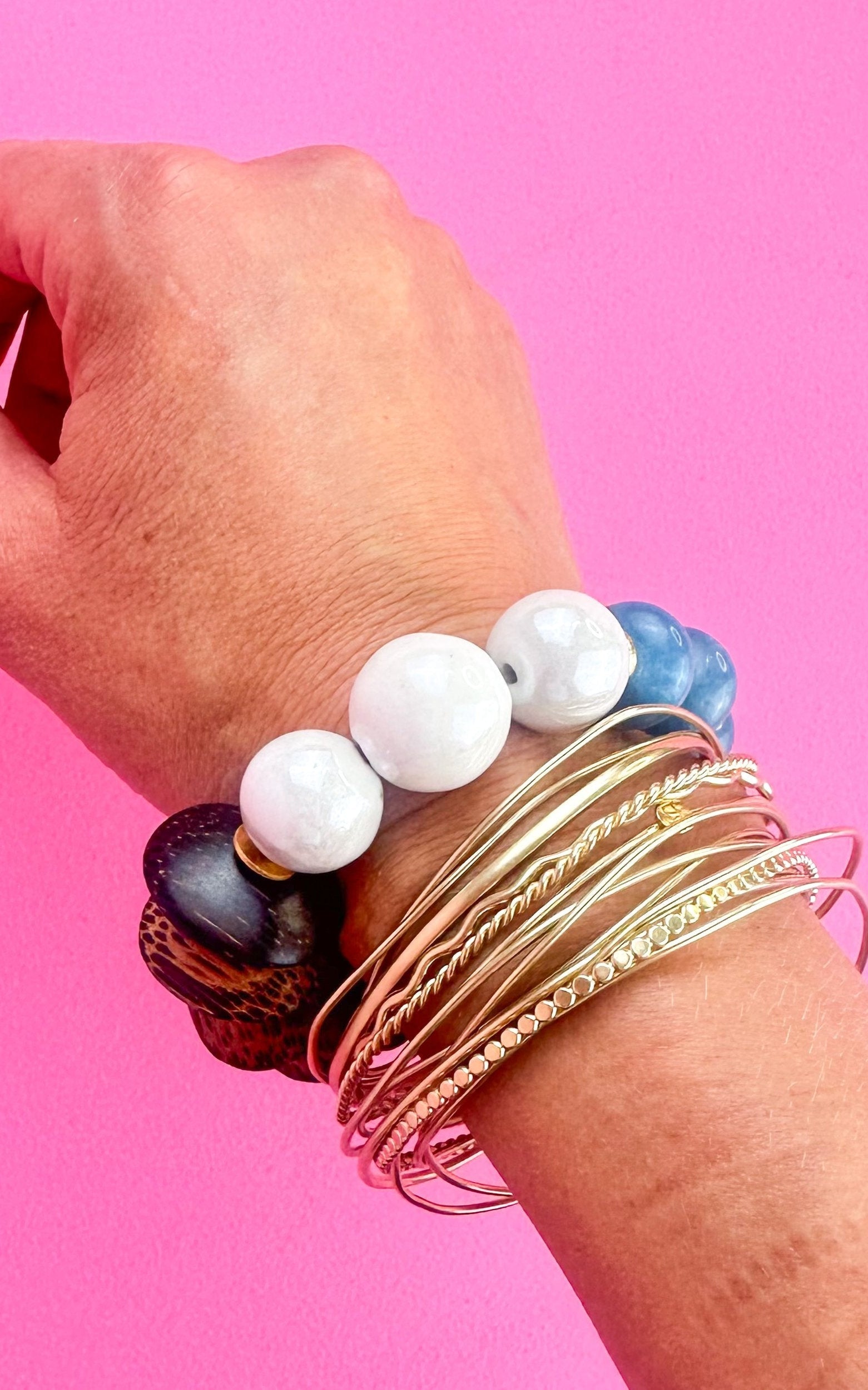 Blue, White and Wooden Bead Bracelet