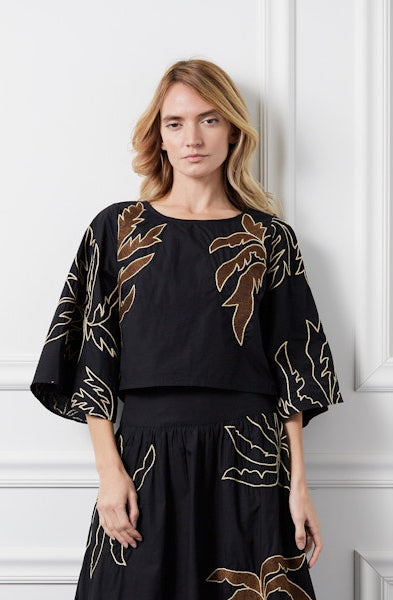 Embroidered Palm Tree Top in Black/Brown