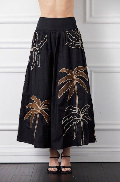 Embroidered Palm Tree Skirt in Black/Brown