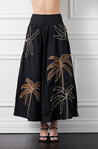 Embroidered Palm Tree Skirt in Black/Brown