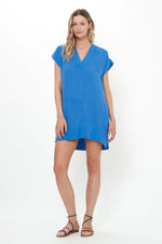 Load image into Gallery viewer, V-Neck Roll Sleeve Mini Dress in Bermuda Blue
