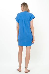 V-Neck Roll Sleeve Mini Dress in Bermuda Blue