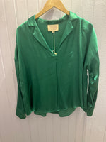 Load image into Gallery viewer, V-Neck Collar Satin Blouse in Kelly Green
