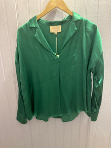 V-Neck Collar Satin Blouse in Kelly Green