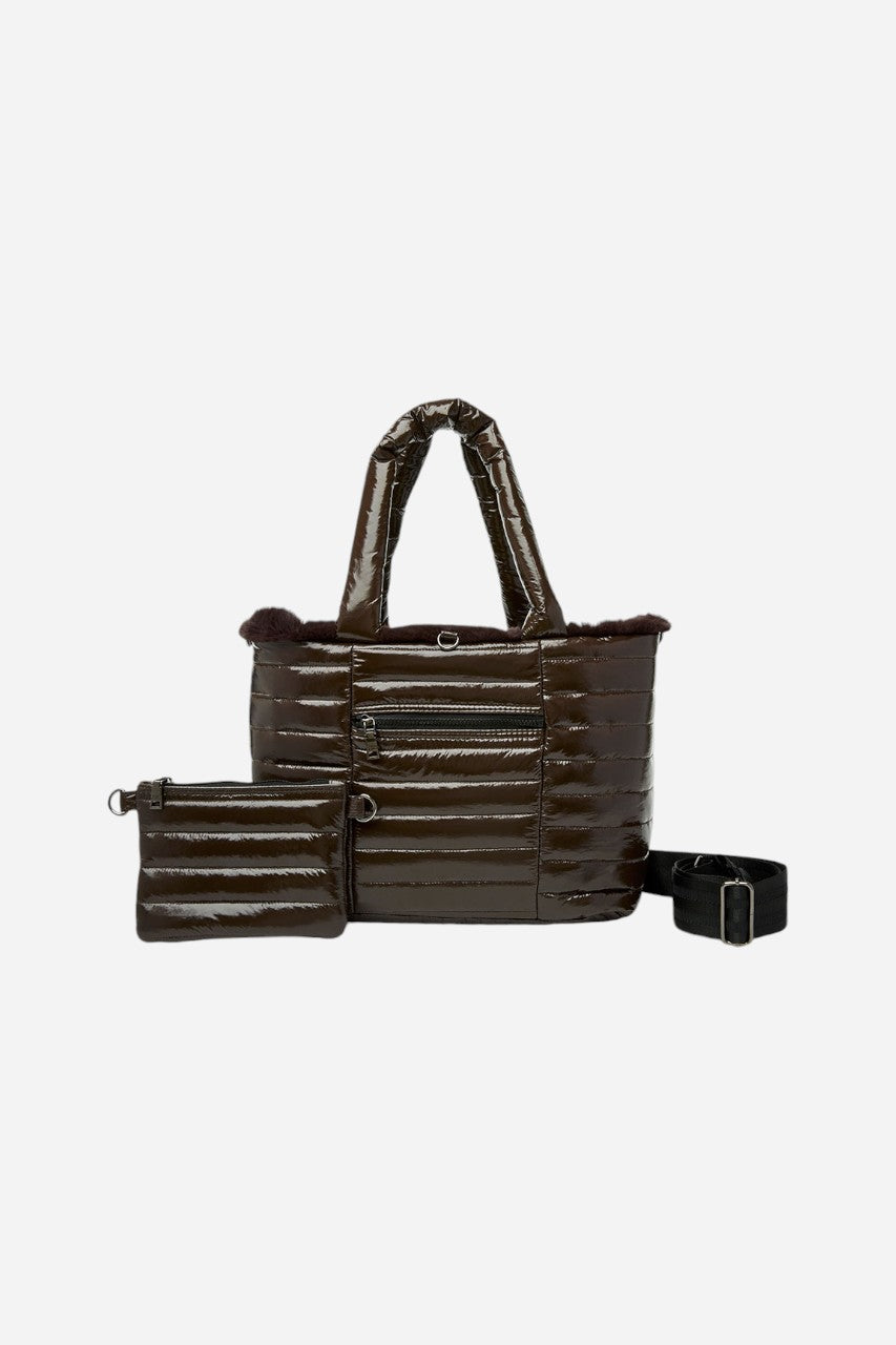 Duplex Reversible Faux Fur Tote in Glossy Chocolate