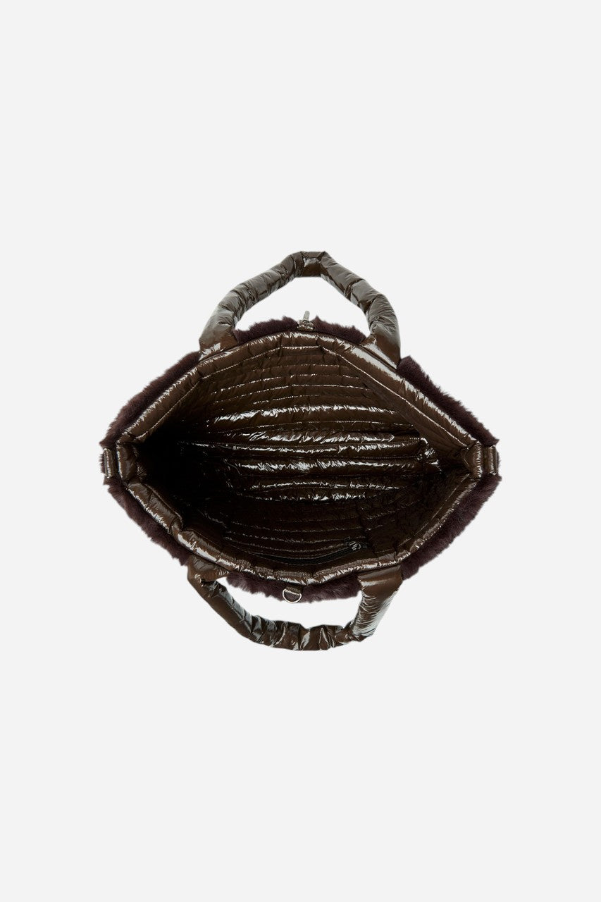 Duplex Reversible Faux Fur Tote in Glossy Chocolate