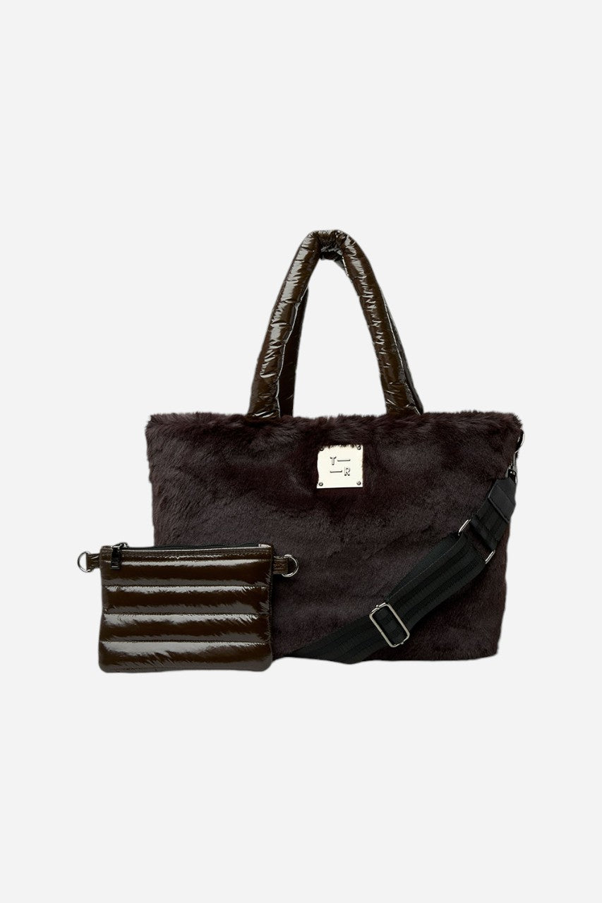 Duplex Reversible Faux Fur Tote in Glossy Chocolate