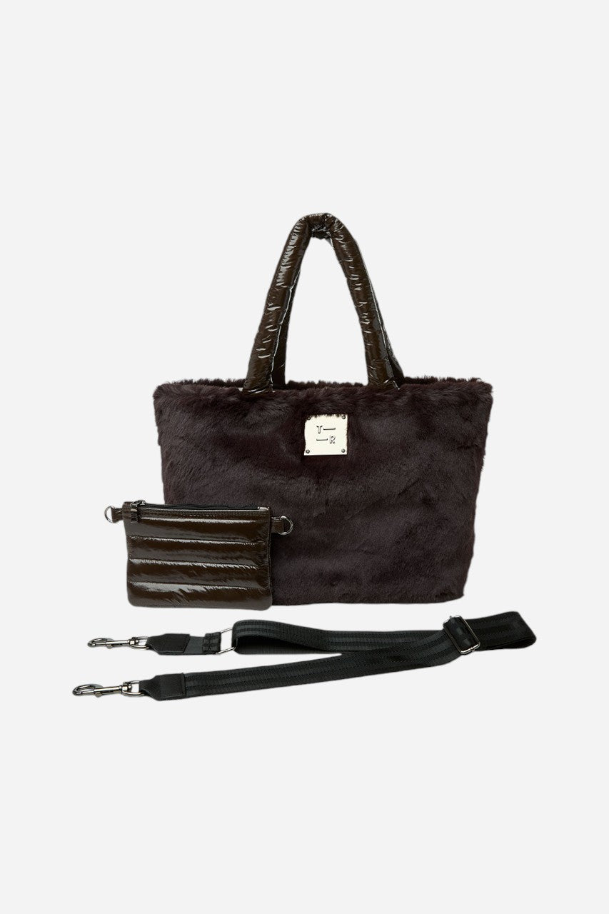 Duplex Reversible Faux Fur Tote in Glossy Chocolate