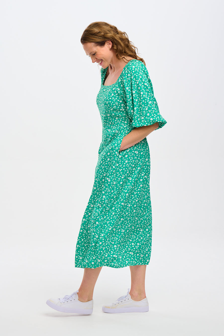 Catherine Shirred Midi Dress in Green Scatter Print