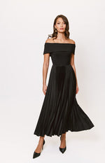 Load image into Gallery viewer, Stockton Off the Shoulder Pleated Midi Dress in Black
