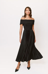 Stockton Off the Shoulder Pleated Midi Dress in Black
