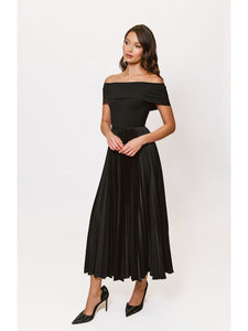 Stockton Off the Shoulder Pleated Midi Dress in Black
