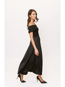 Stockton Off the Shoulder Pleated Midi Dress in Black