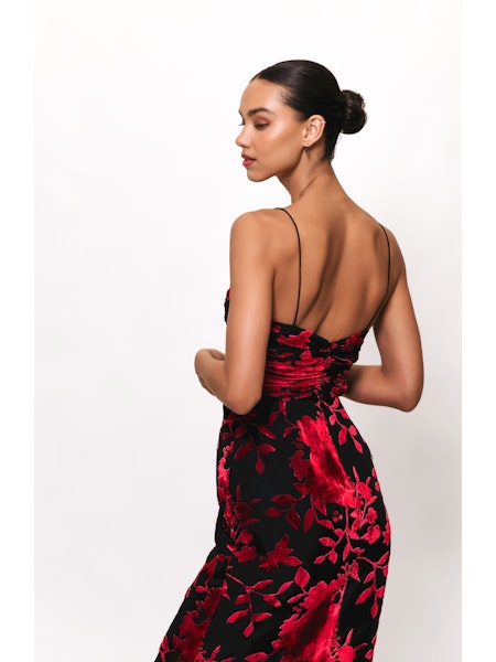 Tylia Ruched Maxi Dress in Black/Red Chinoiserie Bouquet