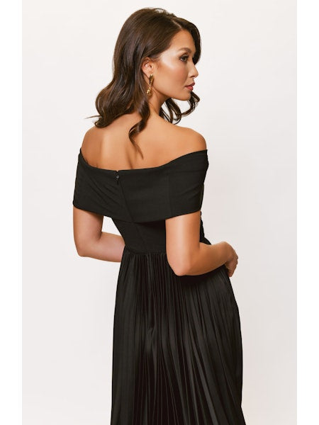 Stockton Off the Shoulder Pleated Midi Dress in Black
