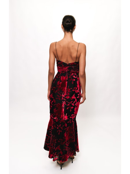 Tylia Ruched Maxi Dress in Black/Red Chinoiserie Bouquet