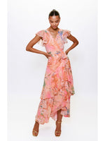 Load image into Gallery viewer, Cezza Flutter Sleeve Maxi Wrap Dress in Orange Tone Marble Swirl
