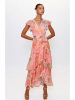 Load image into Gallery viewer, Cezza Flutter Sleeve Maxi Wrap Dress in Orange Tone Marble Swirl
