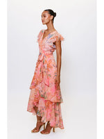 Load image into Gallery viewer, Cezza Flutter Sleeve Maxi Wrap Dress in Orange Tone Marble Swirl
