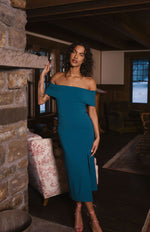 Load image into Gallery viewer, Amoni Off the Shoulder Column Slit Dress in Teal
