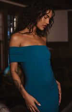 Load image into Gallery viewer, Amoni Off the Shoulder Column Slit Dress in Teal
