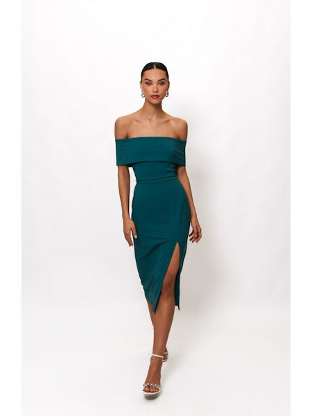 Amoni Off the Shoulder Column Slit Dress in Teal