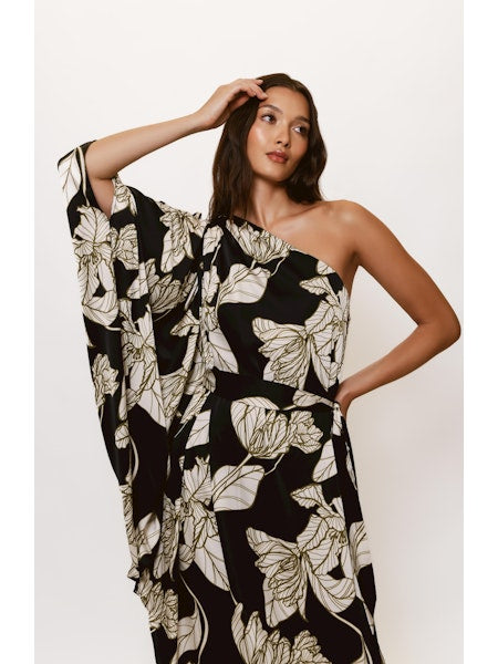 Adina One Shoulder Kimono Dress in Vining Iris