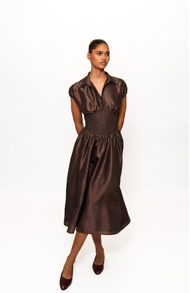 Trevy Smocked Waist Midi Dress in Brown