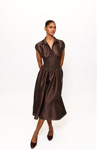Trevy Smocked Waist Midi Dress in Brown