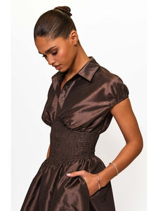 Trevy Smocked Waist Midi Dress in Brown