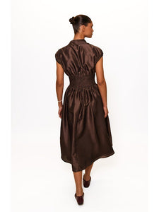 Trevy Smocked Waist Midi Dress in Brown