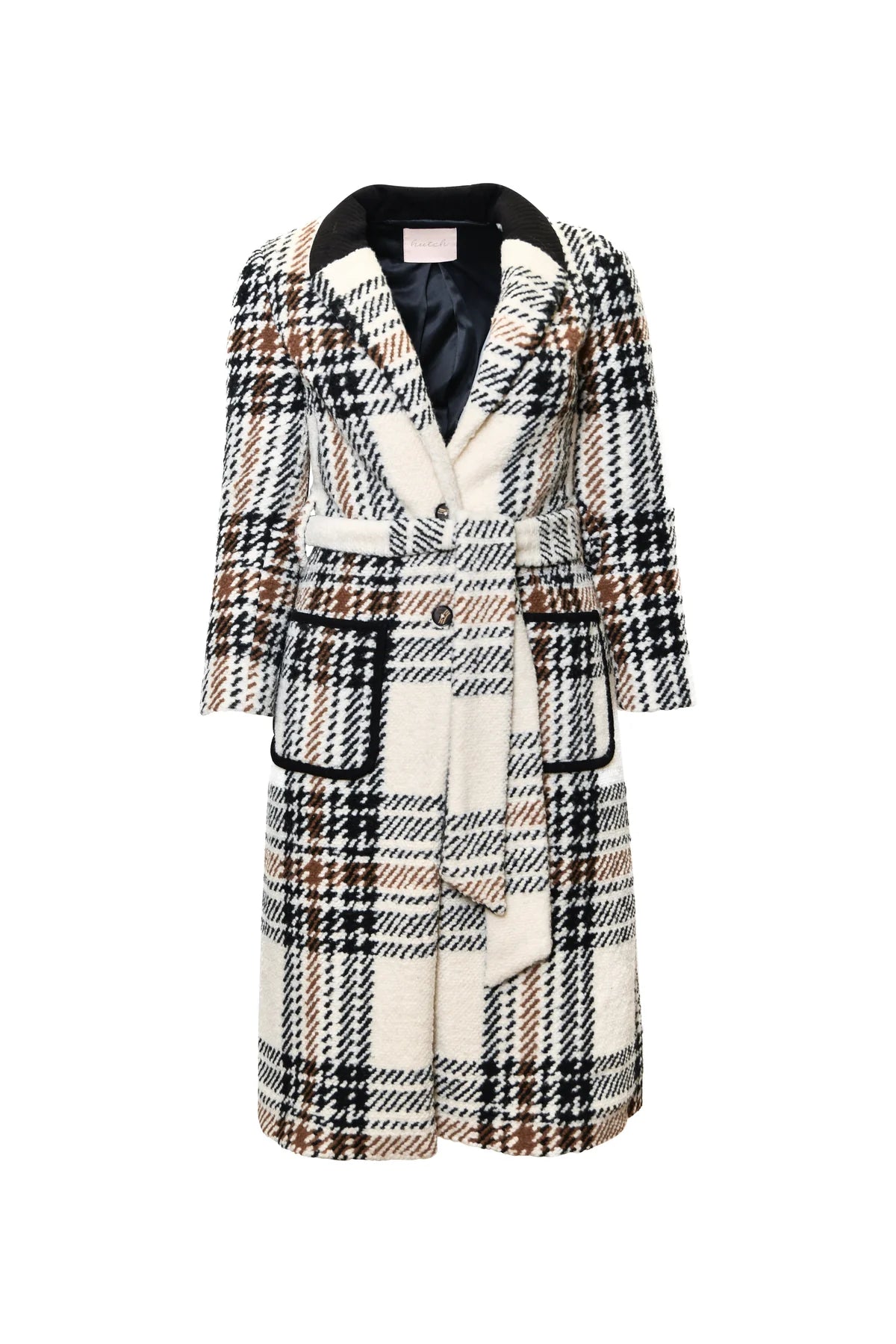 Kels Rib Trim Patch Pocket Midi Wrap Coat in Blk/Wht Plaid