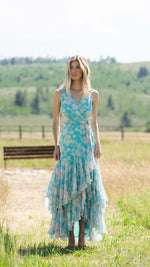 Load image into Gallery viewer, Trinity Wrap Dress in Teal Vintage Vining Floral
